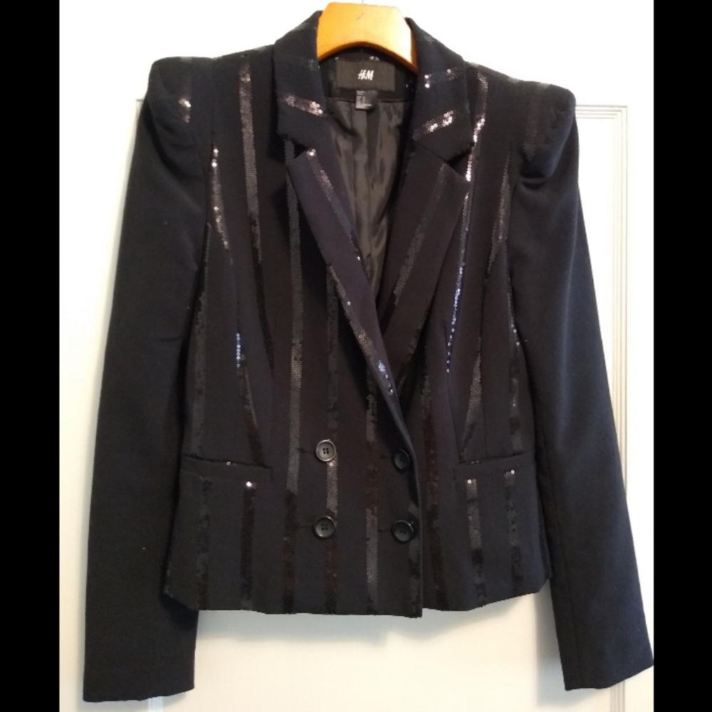 H&M Sequined Pinstripe Double-Breasted Cropped Black Blazer